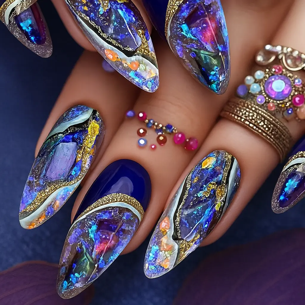 24 Pcs Blue Amber Ombre Almond Press-On Nails with Golden Foil, Beach-Themed Spring & Summer Set, Includes Jelly Glue & File