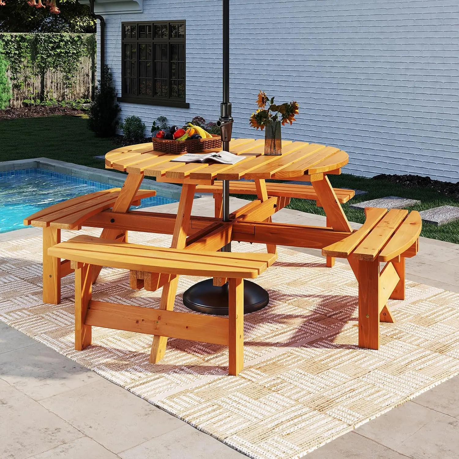 Vallmore 8-Person Round Fir Wood Picnic Table, 71" Round Outdoor Table with 4 Built-In Benches, 2" Umbrella Hole, 500 lb/Bench, 4.77 Stars for Backyard, Patio, Garden