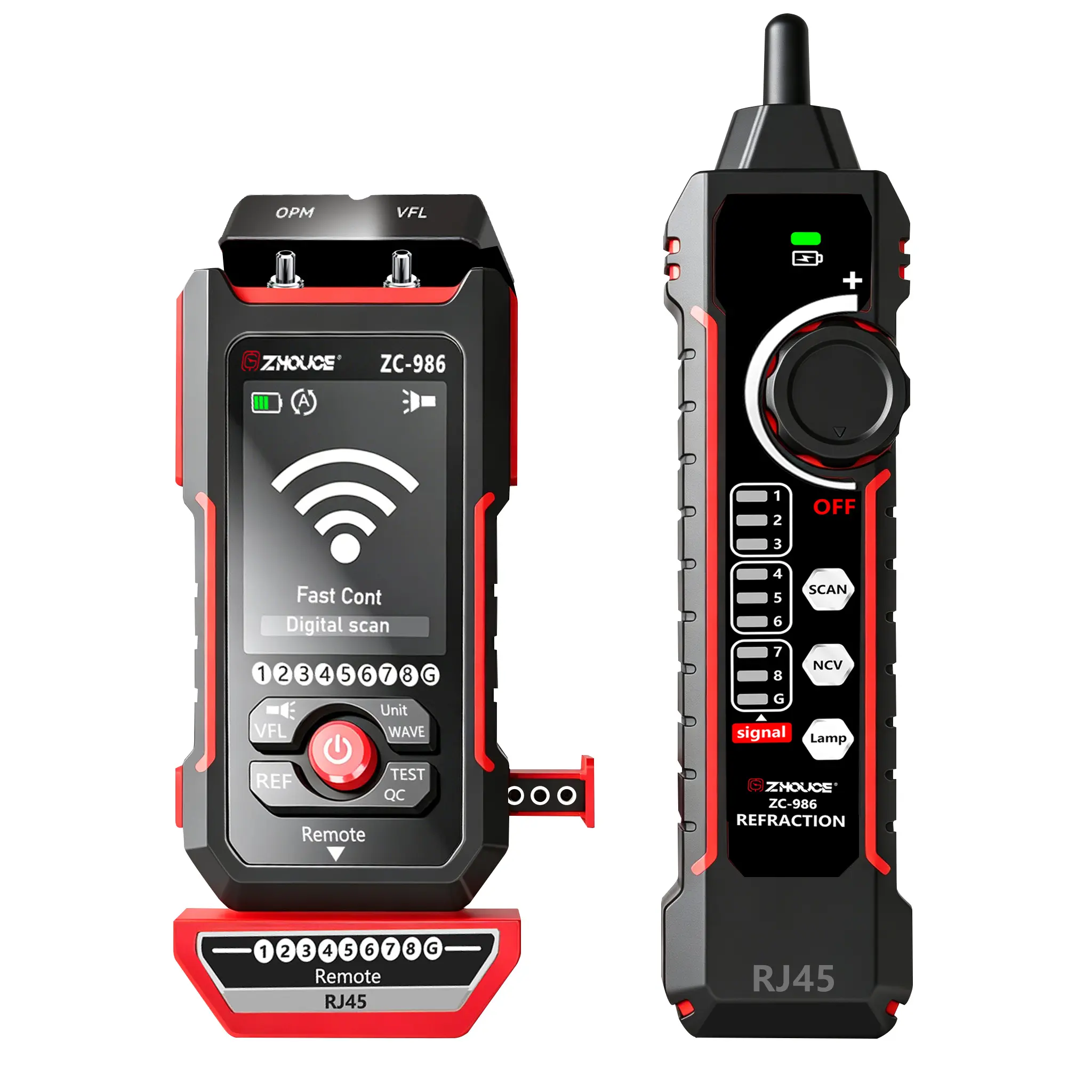 ZHOUCE  ZC-986 Network Cable Tester & Fiber Optic Tester, Ethernet Cable Tracer, RJ45 Wiremap and Crimp QC Test, PoE Detection, Includes 3 Ceramic Ferrules, 10-Wavelength Optical Power Meter, Built-In Ferrule Storage