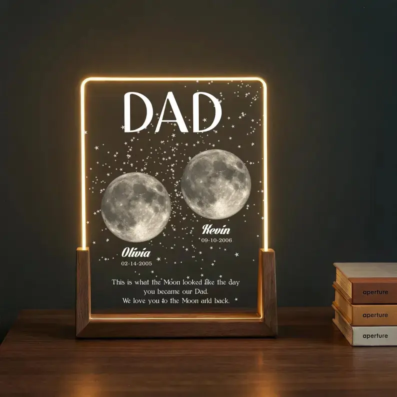 Moon Phase Dad Gift, Personalized Acrylic Plaque Light, Custom Night Sky Gift for Dad, Father’s Day Gift, LED Moon Lamp Keepsake