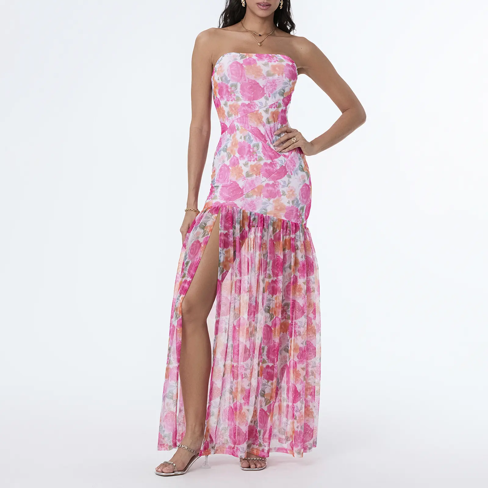 Women's Tube Top DressStrapless Backless Mesh Patchwork Tropical Leopard Print High Slit Long Dress for Party Club Night summerwins