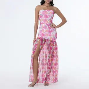 Women's Tube Top DressStrapless Backless Mesh Patchwork Tropical Leopard Print High Slit Long Dress for Party Club Night