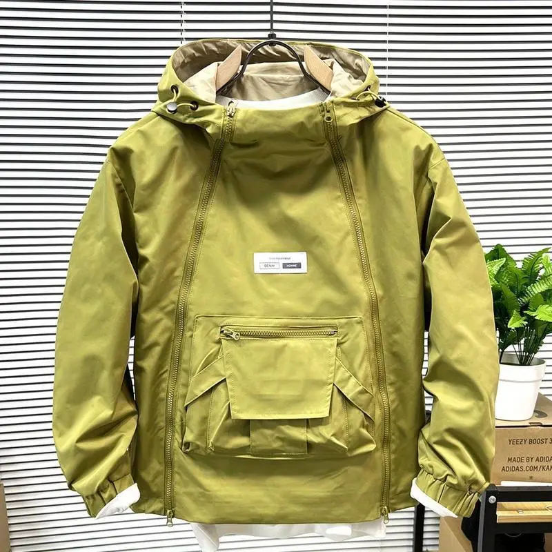 Men's Stylish Workwear Pullover Hooded Jacket - JK62 Double Zipper Loose Tops, Autumn American Retro Simple Windbreaker, Menswear Yellow Coat, Jk62 Double Zipper Yellow, Sweatshirts