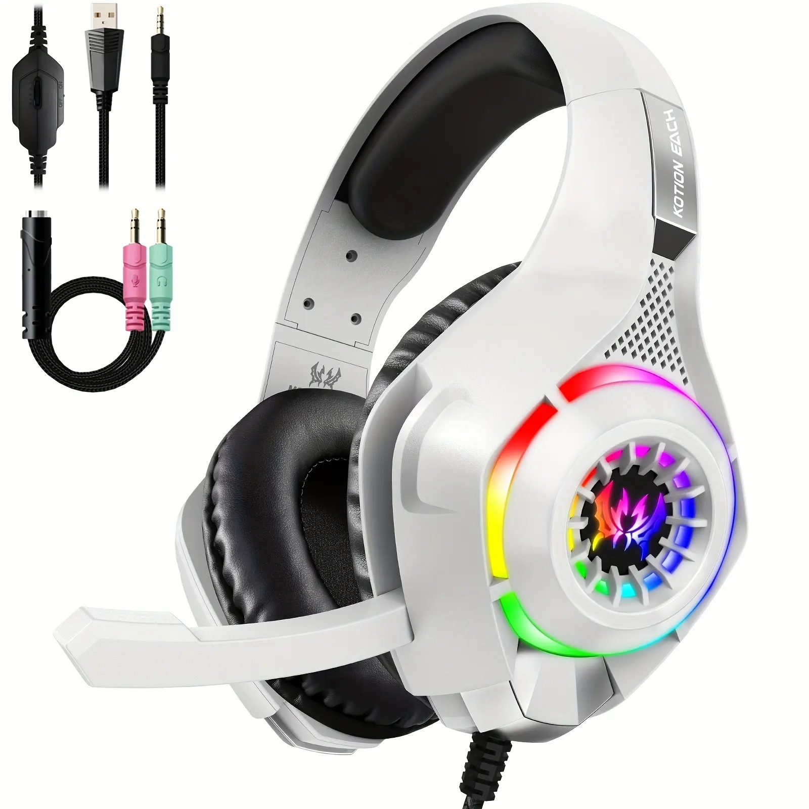 Noise-Cancelling Gaming Headset for PC Ps4 Ps5, RGB Lights, Bass Surround Sound, Soft Memory Ear Cushions, Compatible with Xbox Series X/s Ns, Wired Gaming Headphones, PC Headsets