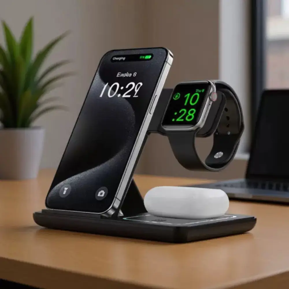 3 in 1 Foldable Charging Station for Multi Devices,Fast Wireless Charger Travel Dock Adapter&Light for iPhone 16/15/14/13/12/11/X/XS,for iWatch 10/9/8/7/Ultra2/Ultra/SE,for AirPods 4/3/2/Pro/2,Folding Smart Watch Charger, Wearable Tech Accessories