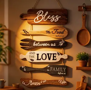 6 Pcs Cookware Shaped Hanging Wooden Plaques, Bless the Food Rustic Farmhouse Wall Decor for Kitchen & Country Dining Room