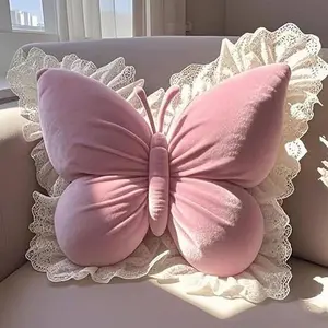 Butterfly Throw Pillow, Butterfly Shaped Decorative Pillow for Sofa Couch Bed, Plush Velvet Lumbar Support Cushion for Office Chair & Car Seat (Pink)