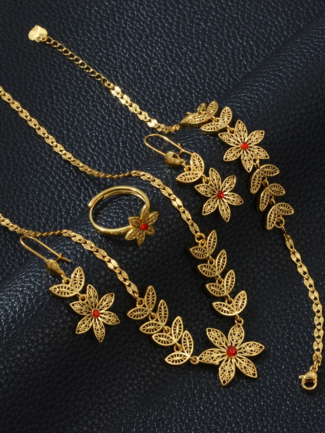 1pc African Flower Necklaces Earrings Bracelet Ring Sets for Women Girls Mayotte Jewelry Weeding Birthday Party Copper Matching Fashionable Jewelry Set