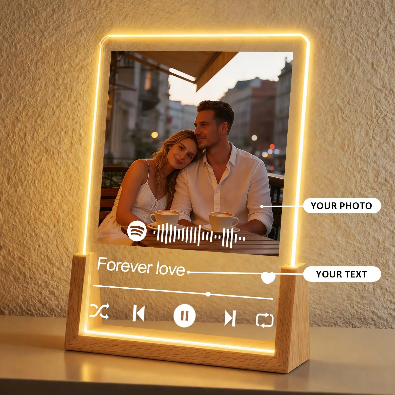 [HKZZ.Made] Custom Spotify Music Photo Wall Plaque, Beech Wood Base 4/5/6/8in, Color-Changing LED Light & Bluetooth Speaker, Personalized Wall Art Picture Frame, Warm Gift for Family, Couples, Home Decor & Every Celebration