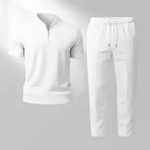 Men's Waffle Knit 2-Piece Clothes Set, Menswear Suit with Short-Sleeve Zip Henley Collar Top & Long Pants, Minimalist Loose Fit, Breathable Soft Texture for Casual Everyday Wear