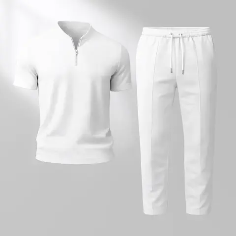 Men’s Print Zip Henley Collar Short Sleeve and Long Pants Two Piece Set Made with Waffle Knit Fabric Breathable Soft Texture Loose Fit for Casual Everyday Wear