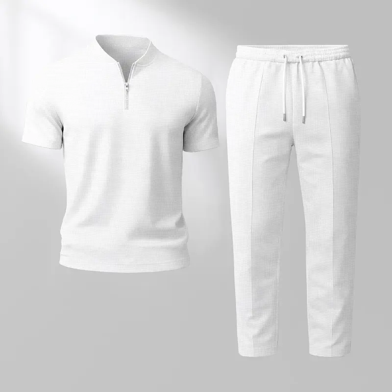 Men's 2-Piece Minimalist Solid Texture Sport Casual Loungewear Set - Collared Waffle Knit Short Sleeve Henley Zip Top, Loose Fit Drawstring-Adjust Long Pants for Spring, Shortsleeve