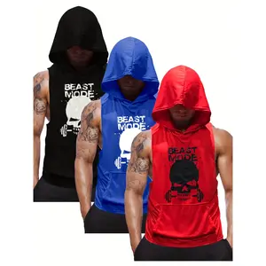 3pcs Men's Sleeveless Hooded Stringers Workout Tank Tops Skull Bodybuilding Workout Shirts