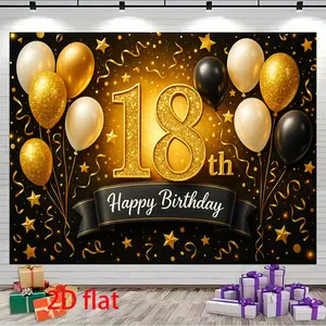 2D Flat, 1pc 18th Birthday Banner - Large & Black Number 18 with Balloons & Stars, Happy Birthday Sign - /Pink/Black Party Decorations for, Cake Table Backdrop, Photo Booth, Entrance Arch - Durable Party Supplies, 2D Flat