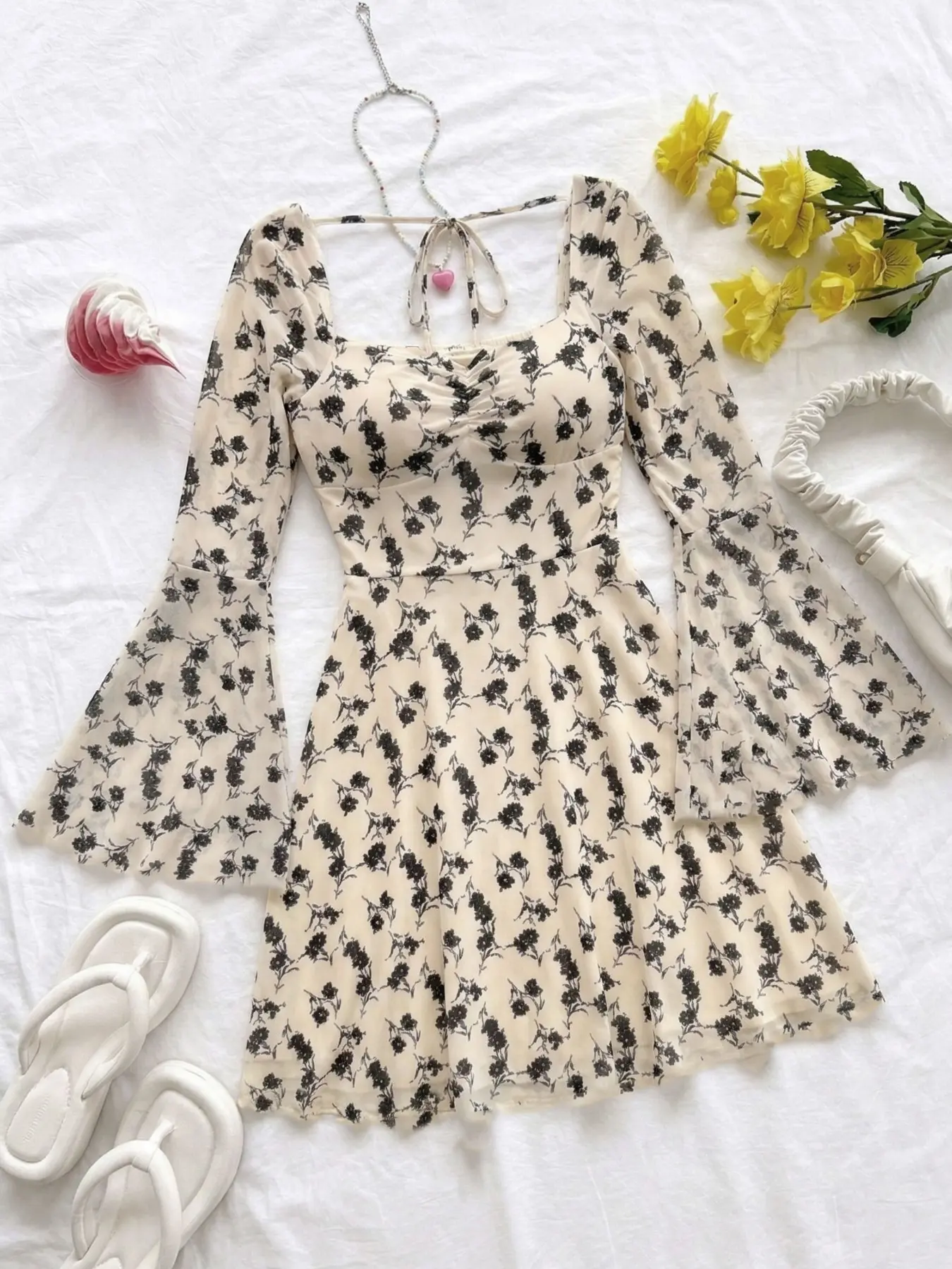 knee length dresses for ladies Floral Frill Trim Flounce Sleeve Plunge Maxi Dress