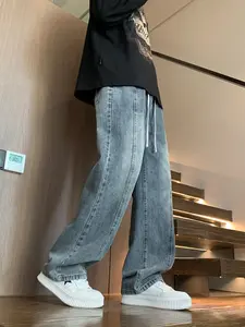 Men's All-Season Washed Drawstring Wide-Leg Jeans, American High Street Mid-Waist Loose Straight Casual Pants, Fashion Denim Long Trousers