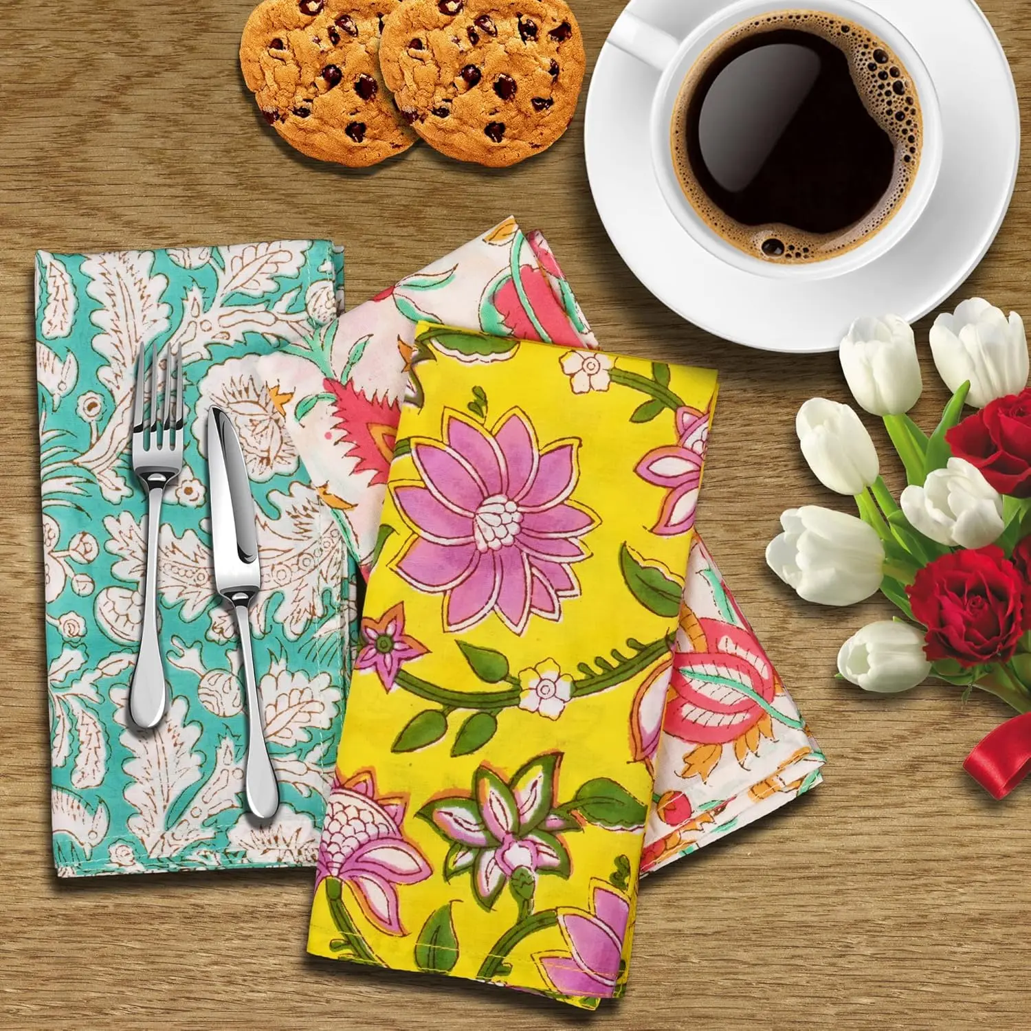 DIYANAIMPEX 10 Pc Cotton Cloth Napkins Hand Block Print Hand Made Size 16x16 Inch Printed Home Decor Indian Eco Friendly Mix Lot Dinner Napkins (Multicoloured)