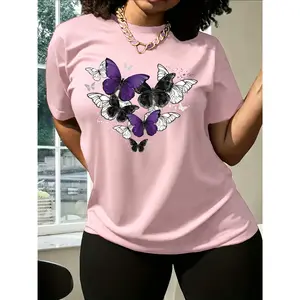 100% cotton, exquisite butterfly print, casual round-neck short-sleeve T-shirt, soft and comfortable, suitable for daily wear