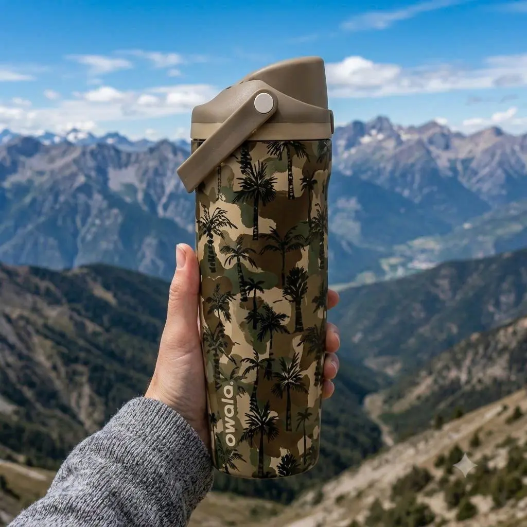 New Owala 30oz Insulated Stainless Steel Tumbler with Handle & Straw Lid | Leak Resistant | Keeps Drinks Cold for Hours | Palm Camo Design