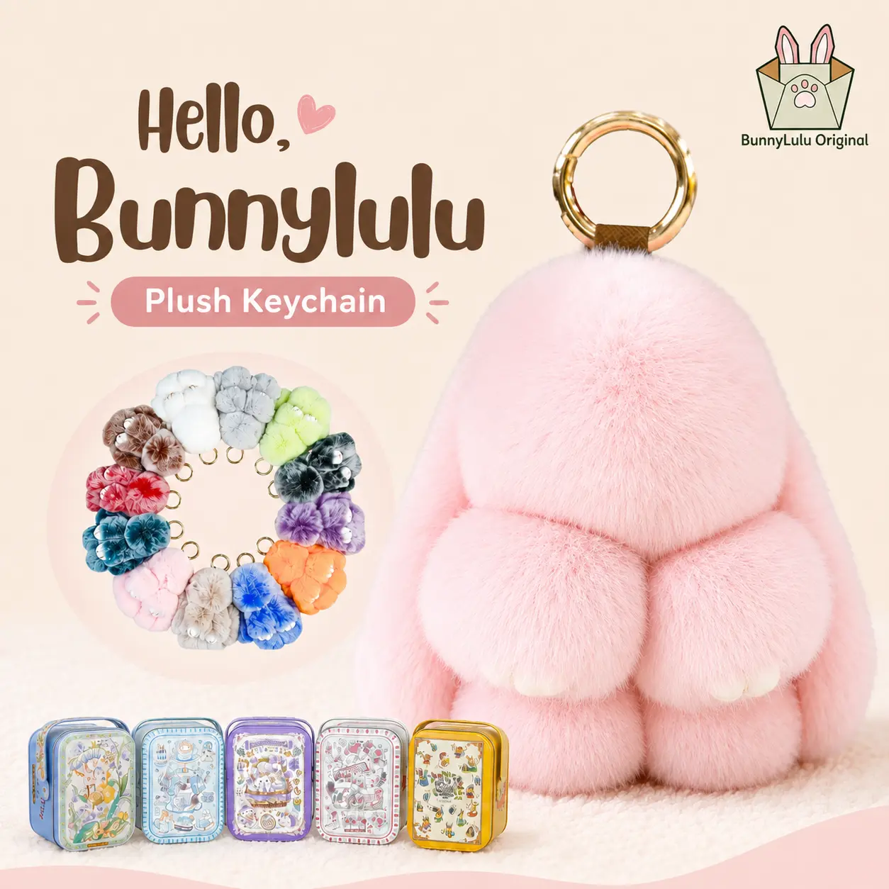 【BunnyLulu】Handmade Bunny PomPom Keychain - Cute Plush Bag Charm & Aesthetic School Backpack Accessory with Gift Tin Box, Fluffy Stress Relief Companion, Perfect Back to School Gift for Students & Friends, 5.8" Tall