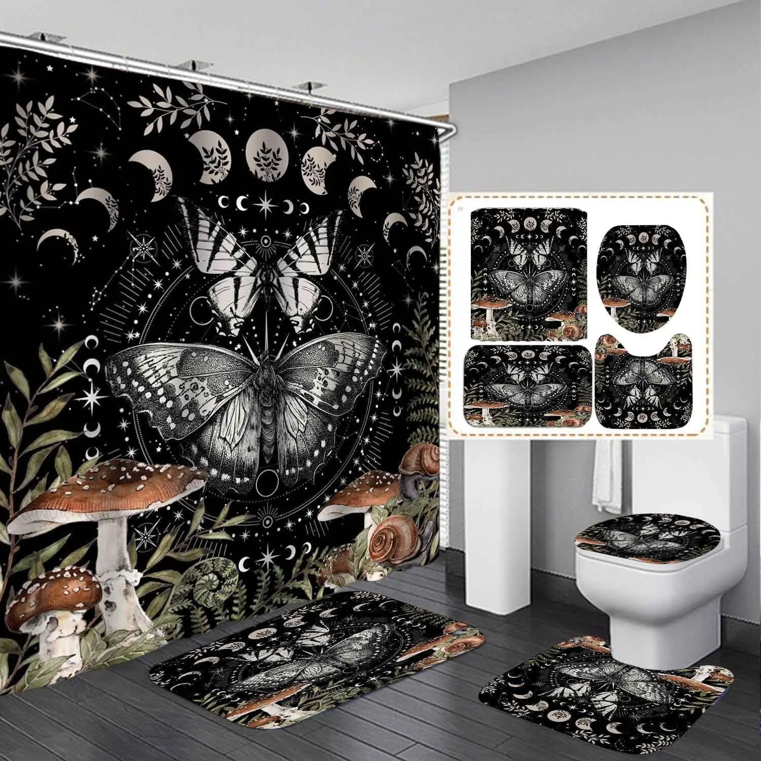4PCS Flannel Fabric Retro Polyester Anti-Splash Waterproof Bathroom Set with Rug - Goth Mystic Witchy Moon Phase, Teal Moth Themed Design Shower Curtains Sets, Floral Room Accessories, Mushroom Element Supplies