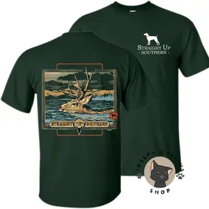Deer Crossing River T-Shirt - by Straight Up Southern - Summer Outfits, Regular Fit Short Sleeve Crew Neck T-Shirt for Men, Casual Comfy Knitting Top for Summer