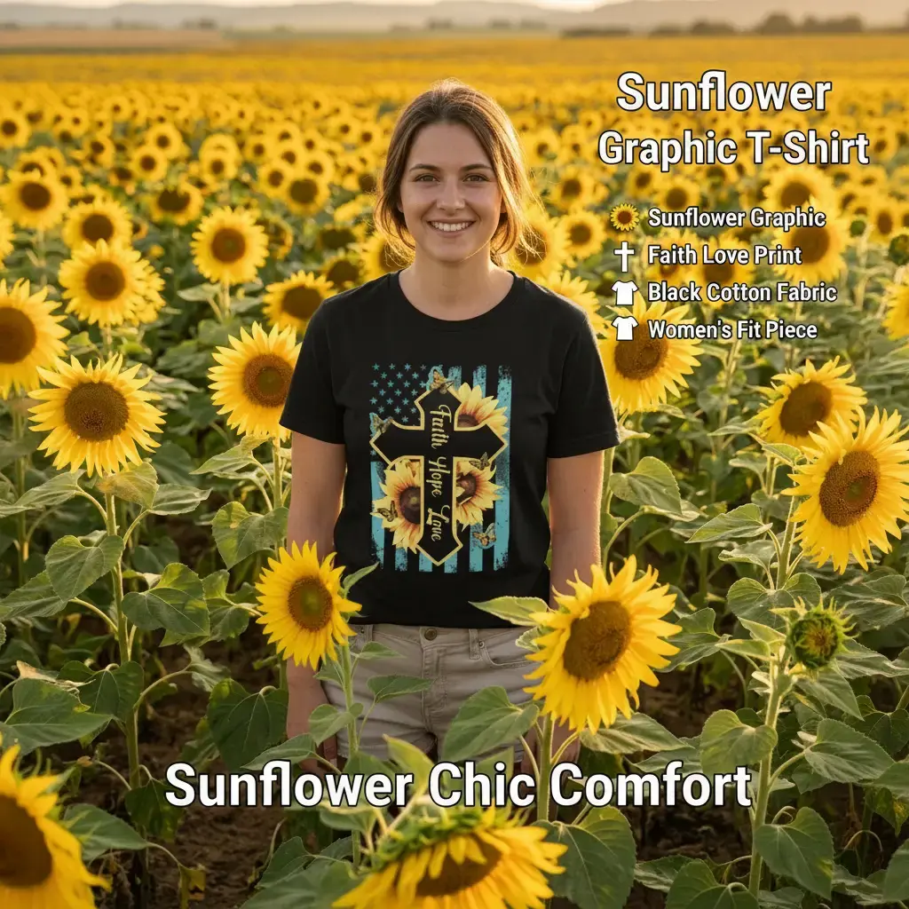 Women's Sunflower Graphic Tee - Religious Design Women's T-Shirts, Faith-Hope-Love Print, Black Cotton Fabric, Slim Fit Top, Gorgeous, Piece