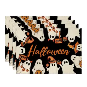 4 Piece Bat Ghost Halloween Placemats, Seasonal Table Mats for Party Kitchen Restaurant Decor, Halloween Decoration