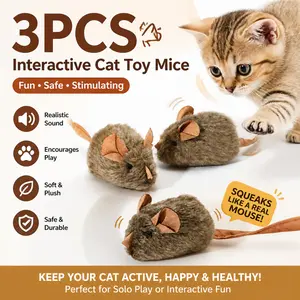 3-piece interactive squeaky mouse cat toy - touch-activated squeaking gray mice, suitable for cats and kittens, realistic sound hunting toys, ideal for indoor play and relieving boredom