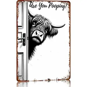 Vintage Highland Cow Aluminum Sign Funny Are You Pooping Black and White Bathroom Wall Decor for Western Highland Cow Lovers 8 x 12 Inch Decorative Plaque