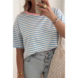 Sky Blue Stripe Contrast Crew Neck Drop Shoulder Loose Tee
