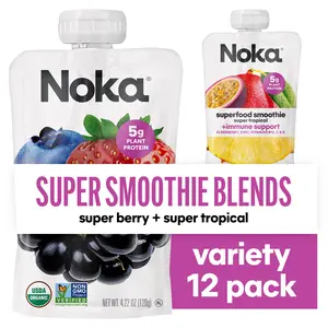 Noka Superfood Fruit Smoothie Pouches,  Super Berry and Super Tropical Bundle, 5g Plant Protein and Prebiotic Fiber, Vegan and Gluten Free Snacks, Organic Squeeze Pouch, 4.22 oz Vitamin