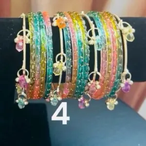 Vibrant Style Set: 12 Kashmiri Raindrop Glass Bangles & 4 Gold-Tone Accent Pieces