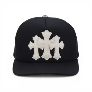 Unisex Size Chrome Hearts Cemetery Theme Trucker Hat, Black White, Pony Hair Material, Cross Patch Detail