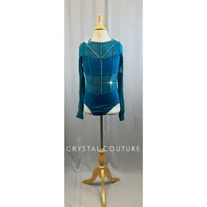 Deep Teal Long Sleeve Mesh Cage Leotard - Rhinestones