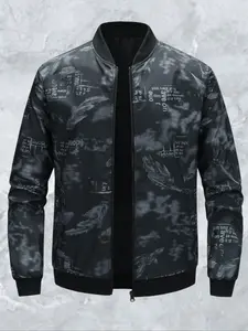 Men's All Over Print Zip Up Bomber Jacket, Regular Fit Casual Fashion Windproof Baseball Collar Outerwear for Daily Outdoor Wear, Men Cloths for Fall & Winter, Coats, Collared Jacket