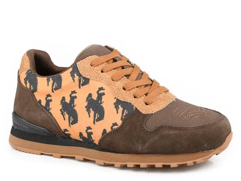 Roper Ladies "Giddy Up" Western Jogger - Brown Suede Jogger with Tan Canvas Side, Durable Eva Midsole, Removable Comfort Insole, Moisture-Wicking Linings