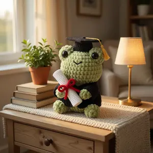 Crochet Graduation Frog Plush, Handmade Amigurumi Frog with Cap & Diploma, Cute Graduation Gift, Student Gift Idea, Kawaii Crochet Animal
