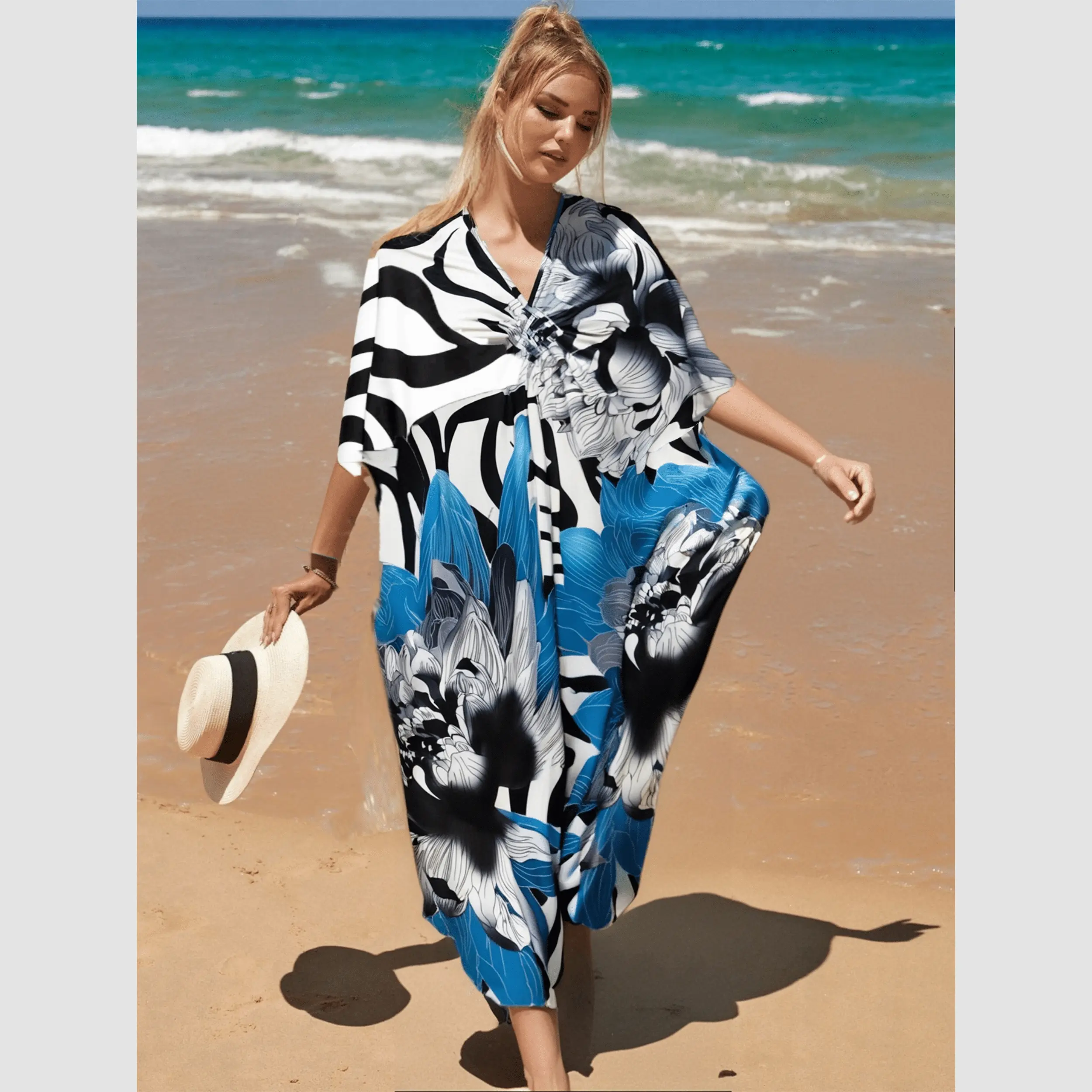 Plus Size Floral Kaftan Dress - Silk Beach Cover Up with Batwing Sleeves,  V-Neck & Easy Care, Formal Elegance Swimwear - TikTok Shop