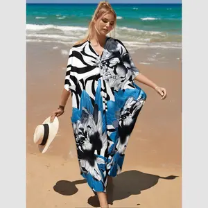 Plus Size Floral Kaftan Dress - Silk Beach Cover Up with Batwing Sleeves, V-Neck & Easy Care, Formal Elegance Swimwear