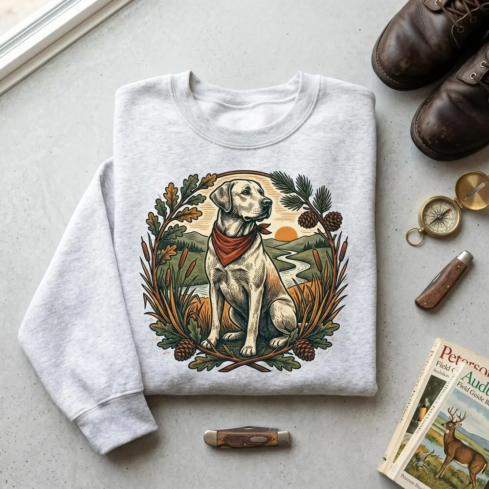 Women's Vintage Labrador Hoodie - Fitted Casual Cotton-Polyester Crew Neck Apparel, Yellow Lab Wilderness River Pine Digital Graphic, Pull-On Style #349 (Do Not Dry Clean), Digital Print, Poly-Cotton, Regular, Round Neck, Full Length