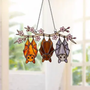 Hanging Bats and Peach Blossom Suncatcher, Stained Glass Style Acrylic Window Décor