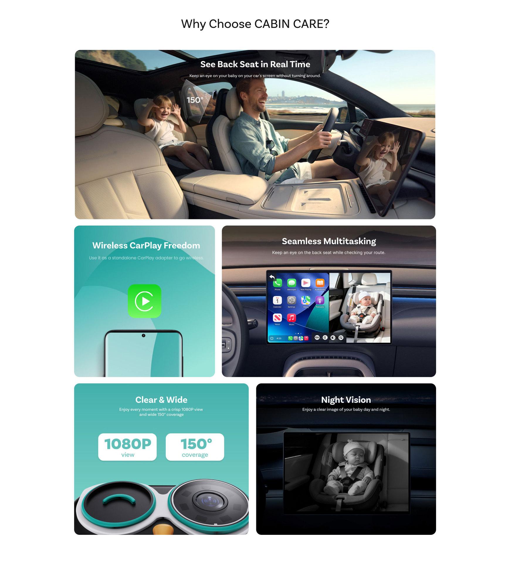 Baby Car Camera &Wireless CarPlay Adapter,1080P HD Rear Seat Monitor Display on Car Screen,150°Wide Angle No-Glow Night View, Safety for Kids & Infants