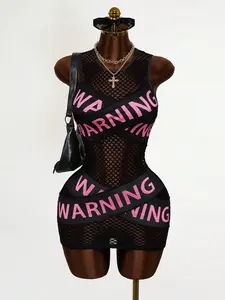 Mesh Warning Print Sleeveless Bodycon Mini Dress, Sheer Sexy Style, Night Out, Music Festival, Party, Date, Brunch, Office, Layering, Daily Wear