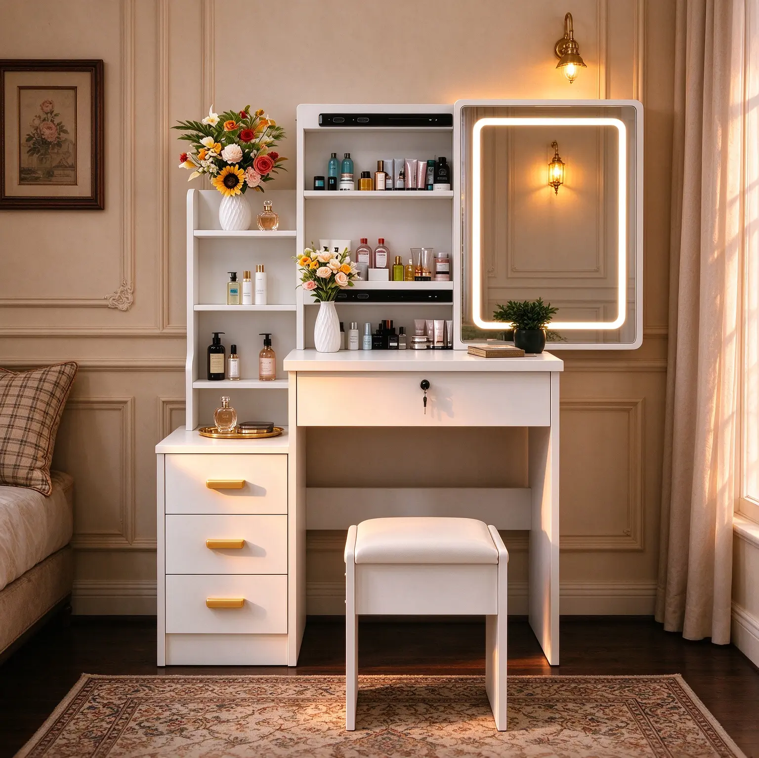 Bedroom makeup table includes lighted mirror; white vanity set with storage space and comfortable stool; popular choice for girls; suitable for bedrooms, living rooms, and dorms furniture big