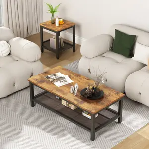 AWQM 3-Piece Coffee Table Set, Industrial Modern Tables with 2 Square End Tables, Metal Frame, Rustic Brown & Black for Living Room, Apartment & Office