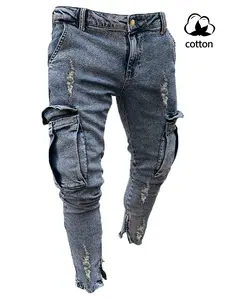 Men's Slim Fit Stretch Denim Jeans, Ripped Skinny Design, Vintage Raw Hem Style, Straight Leg Fashion, Comfortable Elastic Waist, Casual Wear, Cargo Skinny Denim
