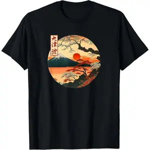 Japanese Red Sunset and mountain Asian Fuji Kanji Japan art T-Shirt