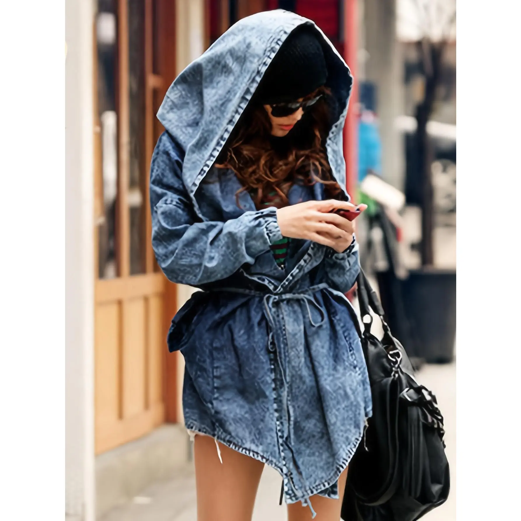 Women's Lightweight Faux Denim Hooded Jacket - Slim Fit Casual Chic Long Sleeve Coat with Waist-Cinching Design, Front Pockets & Machine Washable Polyester for Spring/Summer