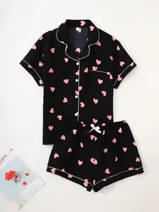 Women's Two-Piece Pajama Set, Casual Comfortable Lapel Pocket Woven Shirt Short Sleeve + Elastic Waist Fitted Shorts, All-Season Sleepwear Loungewear